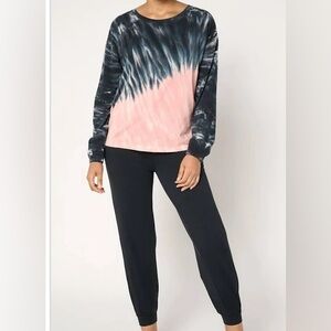 AnyBody Cozy Knit Tie-Dye Top and Jogger Set Black/Blush Size Medium New